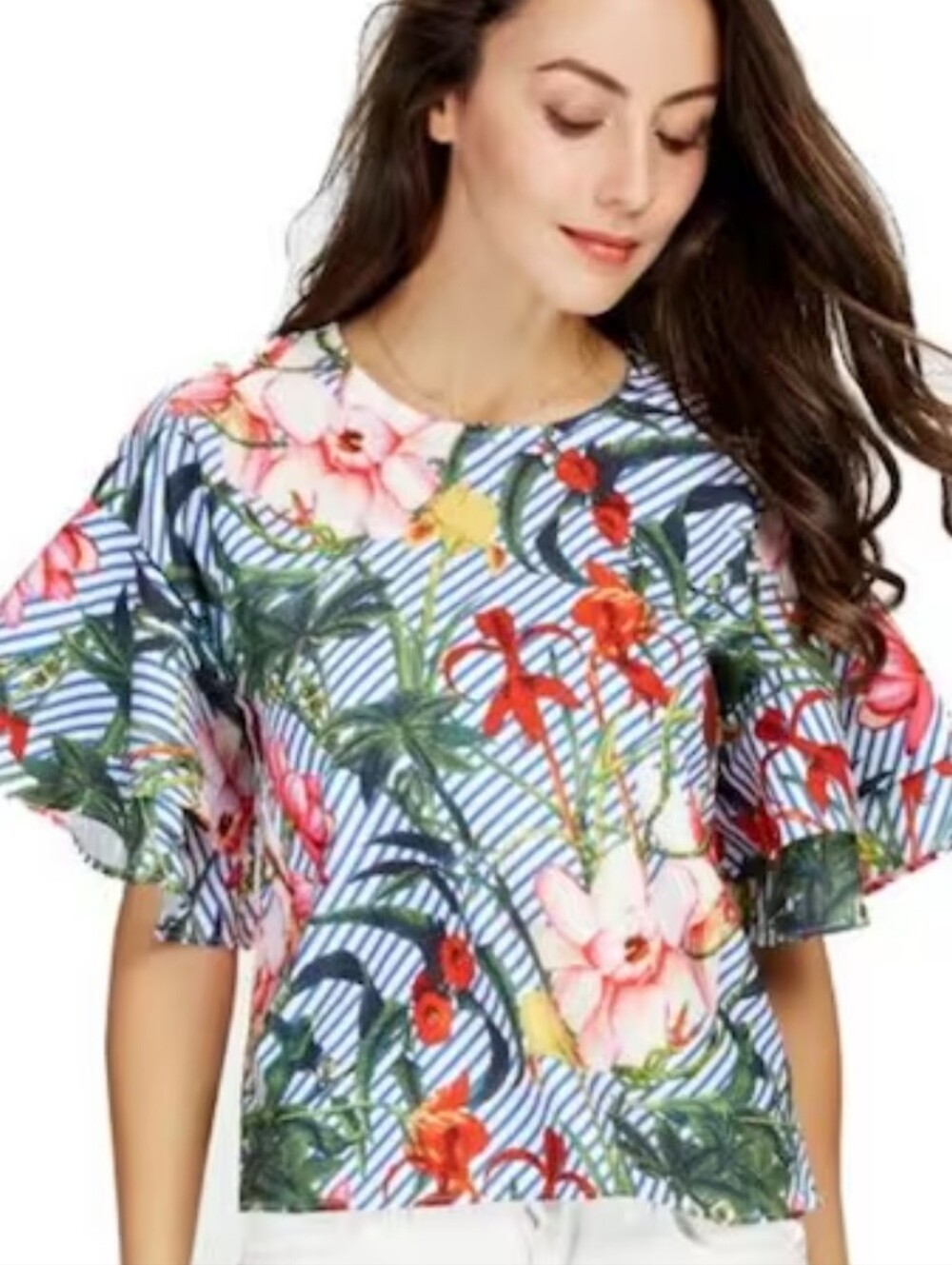 ZARA Floral Stripe Ruffle Cotton Sleeve Vacay Tropical Blouse